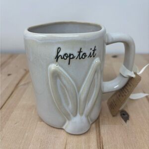 Rae Dunn HOP TO IT Easter Mug White Ceramic with Raised Bunny Ears New